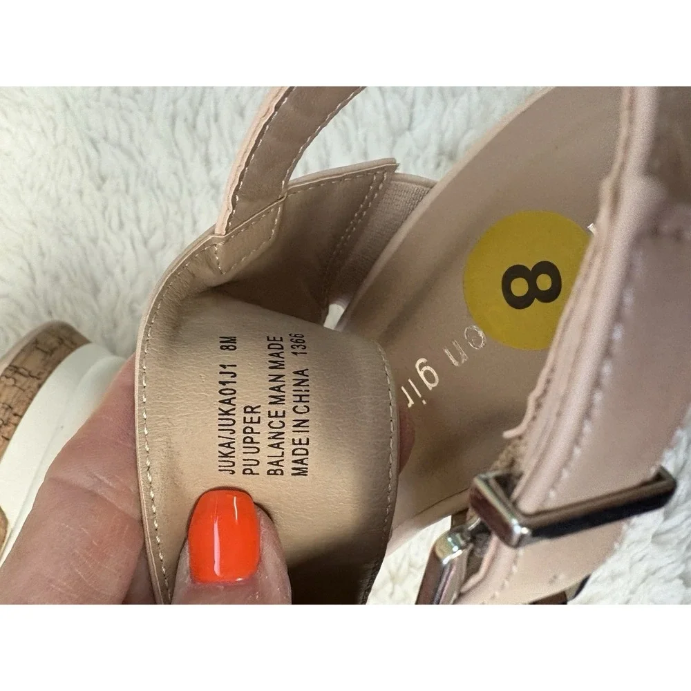 Nude‎ Faux Leather Cork Wedge Platform Sandals Buckle Ankle Strap Beige 8M